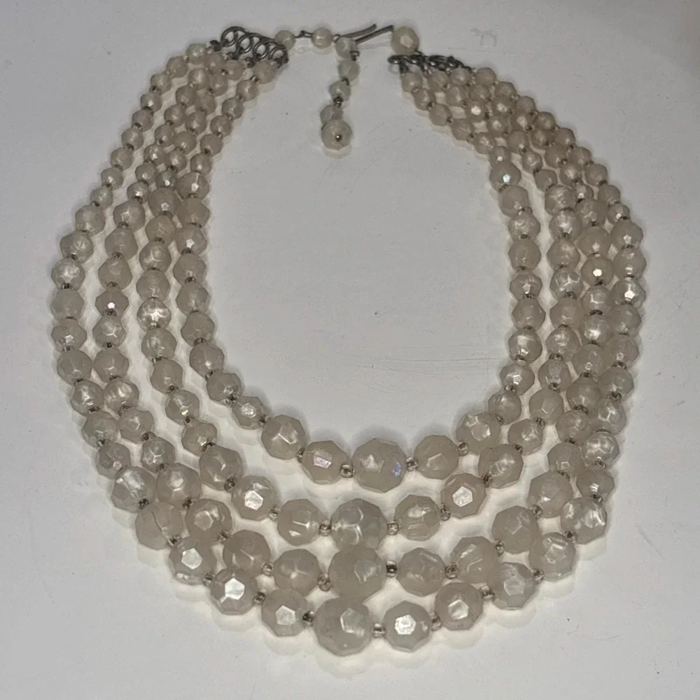 Vintage 4 Strand AB Faceted Faux Pearl Lucite Bead Necklace Adjustable 18
